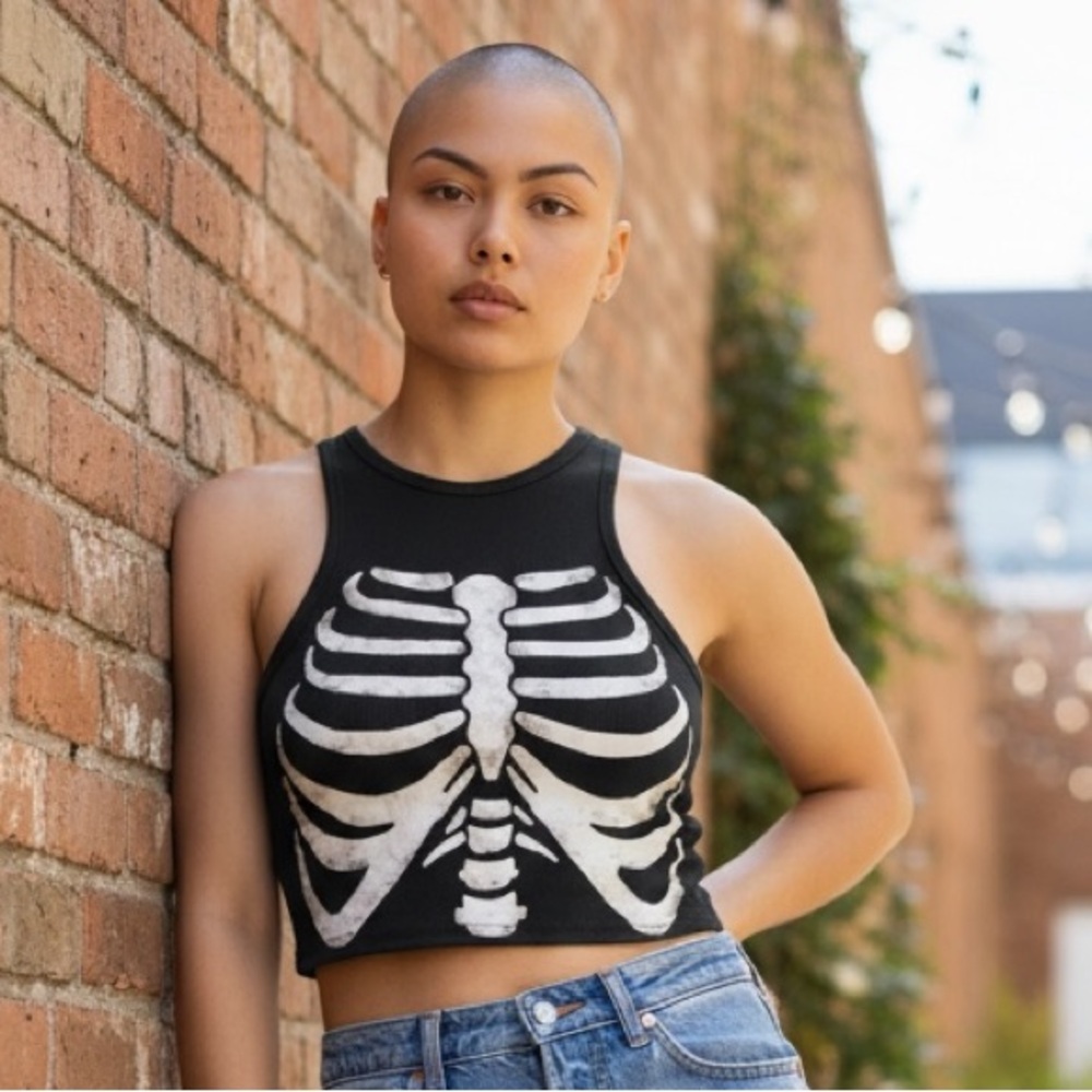 Black skeleton ribcage crop top